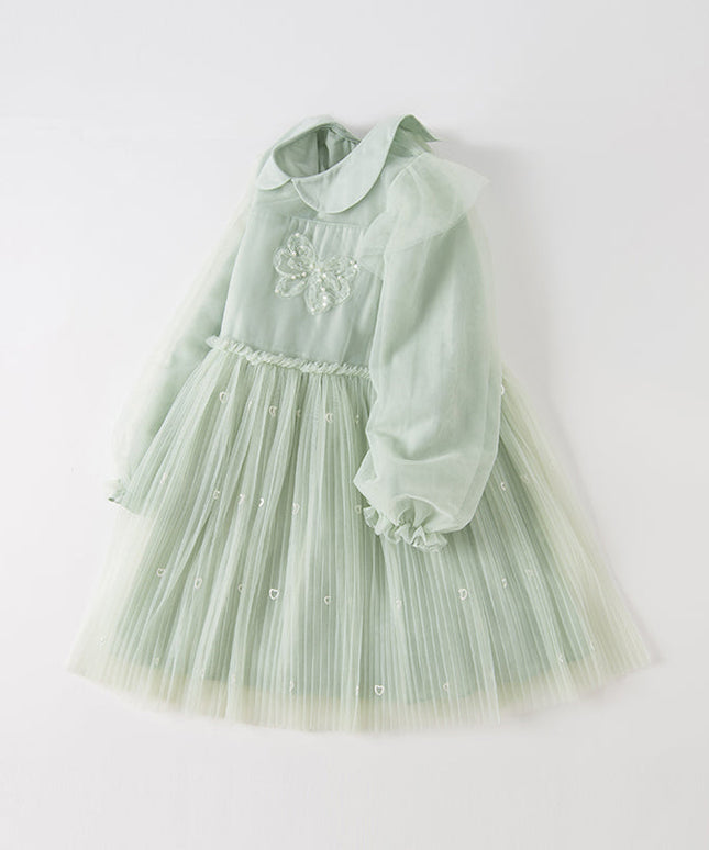 Kids Girls Elegant Green Doll Collar Long Sleeve A-line Mesh Dress