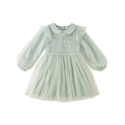 Kids Girls Elegant Green Doll Collar Long Sleeve A-line Mesh Dress
