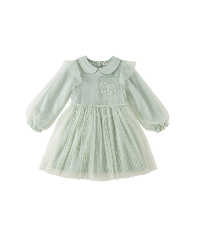 Kids Girls Elegant Green Doll Collar Long Sleeve A-line Mesh Dress