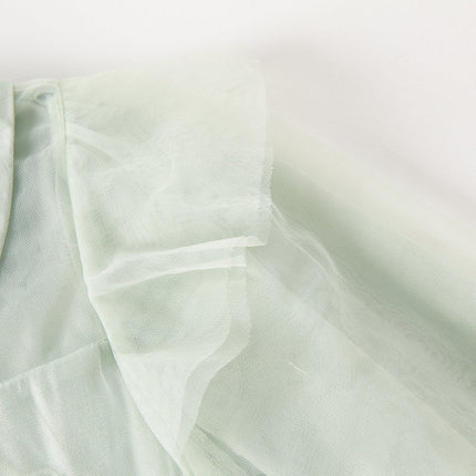 Kids Girls Elegant Green Doll Collar Long Sleeve A-line Mesh Dress
