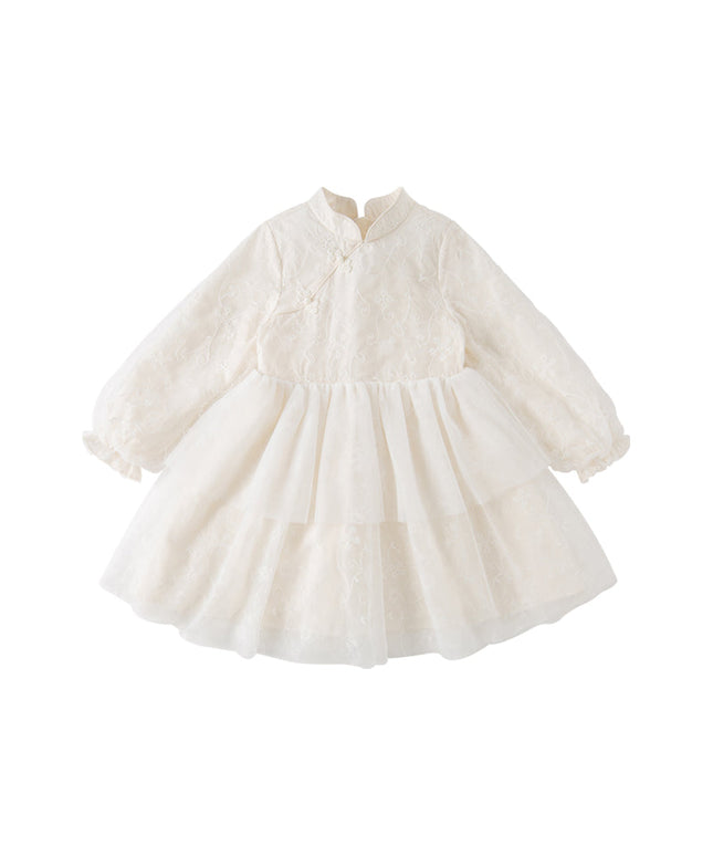 Toddler Girls Elegant Chinese Style Beige Mesh A-line Dress