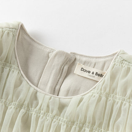 Kids Girls Grey Green Classic Round Collar Mesh Part Dress