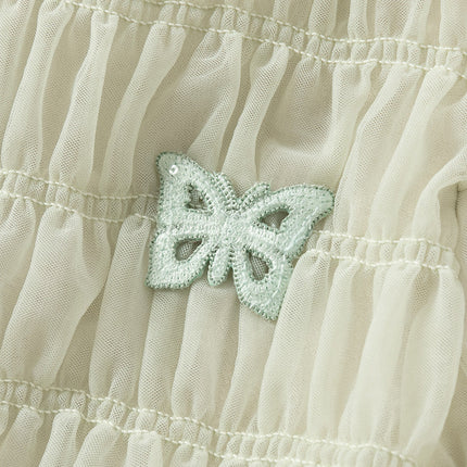 Kids Girls Grey Green Classic Round Collar Mesh Part Dress