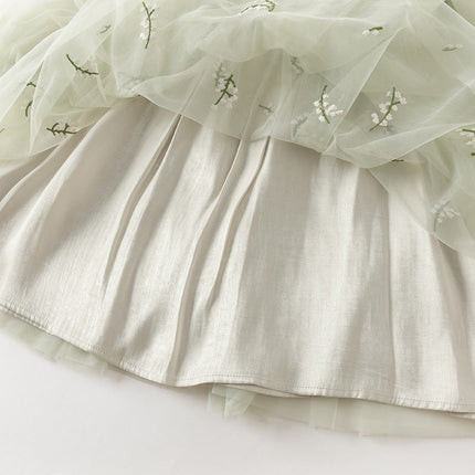 Kids Girls Grey Green Classic Round Collar Mesh Part Dress