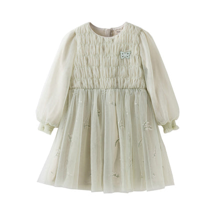 Kids Girls Grey Green Classic Round Collar Mesh Part Dress