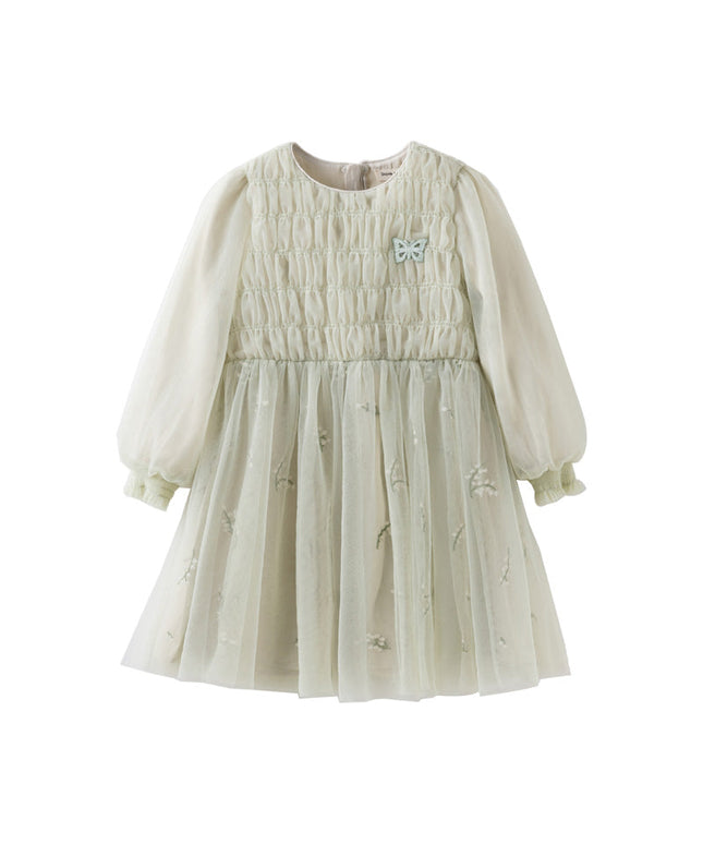 Kids Girls Grey Green Classic Round Collar Mesh Part Dress