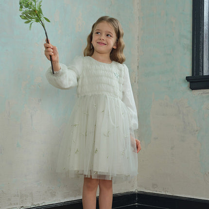 Kids Girls Grey Green Classic Round Collar Mesh Part Dress