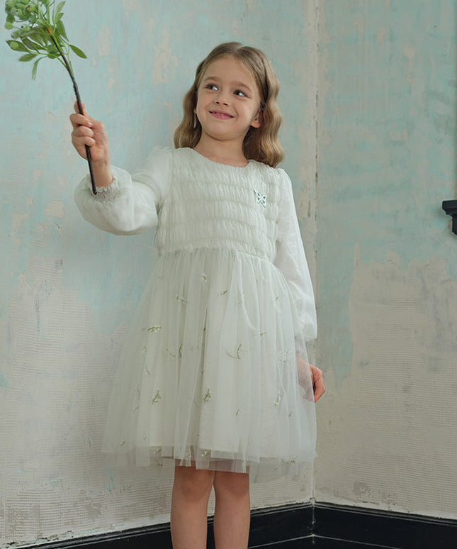 Kids Girls Grey Green Classic Round Collar Mesh Part Dress
