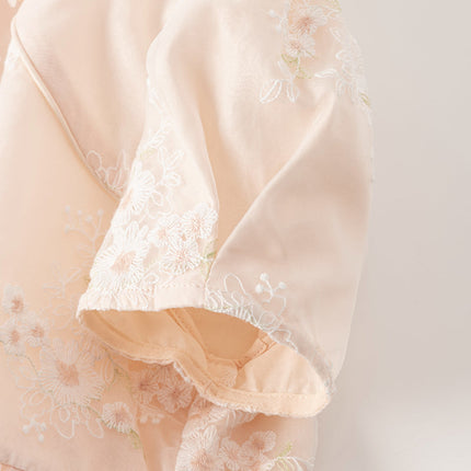 Kids Girls Summer Orange Pink Chinese-style Embroidery Elegant Mesh Dress