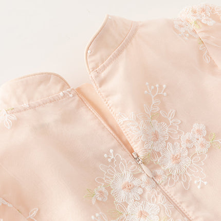 Kids Girls Summer Orange Pink Chinese-style Embroidery Elegant Mesh Dress