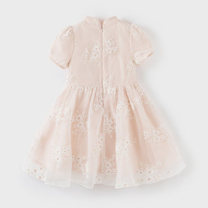 Kids Girls Summer Orange Pink Chinese-style Embroidery Elegant Mesh Dress