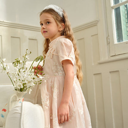 Kids Girls Summer Orange Pink Chinese-style Embroidery Elegant Mesh Dress