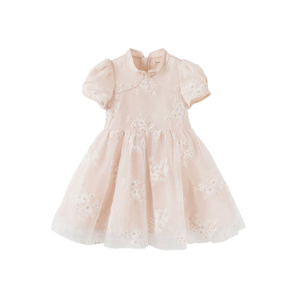 Kids Girls Summer Orange Pink Chinese-style Embroidery Elegant Mesh Dress