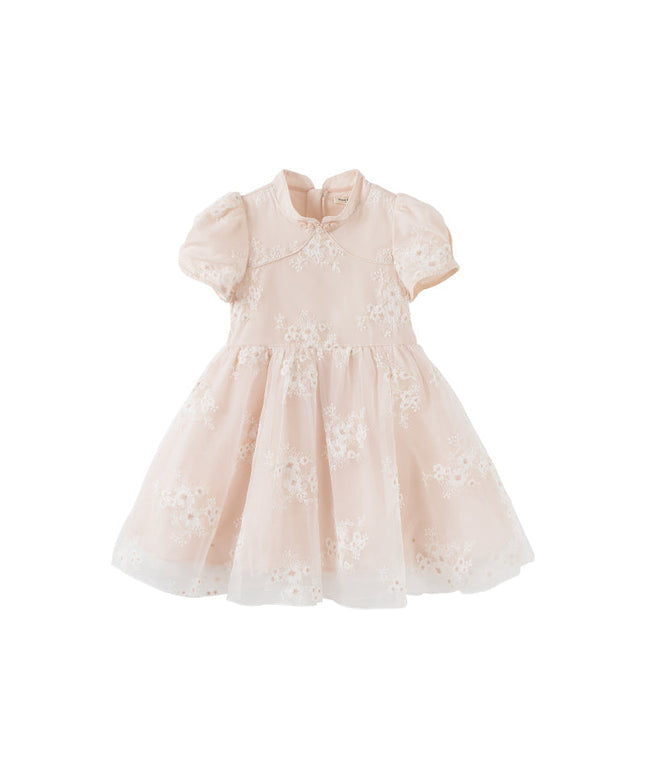 Kids Girls Summer Orange Pink Chinese-style Embroidery Elegant Mesh Dress
