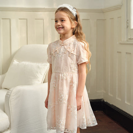Kids Girls Summer Orange Pink Chinese-style Embroidery Elegant Mesh Dress