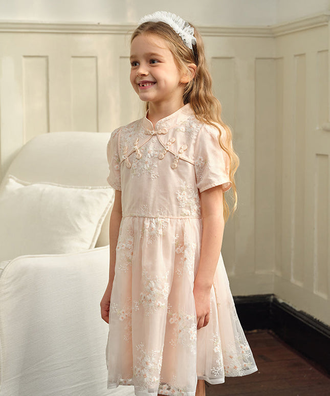 Kids Girls Summer Orange Pink Chinese-style Embroidery Elegant Mesh Dress