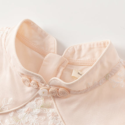 Kids Girls Summer Orange Pink Chinese-style Embroidery Elegant Mesh Dress