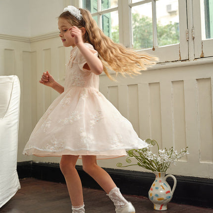 Kids Girls Summer Orange Pink Chinese-style Embroidery Elegant Mesh Dress