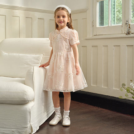 Kids Girls Summer Orange Pink Chinese-style Embroidery Elegant Mesh Dress