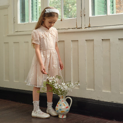 Kids Girls Summer Orange Pink Chinese-style Embroidery Elegant Mesh Dress