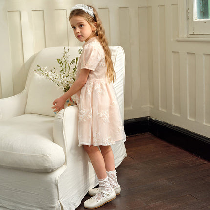 Kids Girls Summer Orange Pink Chinese-style Embroidery Elegant Mesh Dress