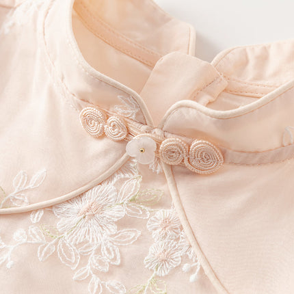 Kids Girls Summer Orange Pink Chinese-style Embroidery Elegant Mesh Dress
