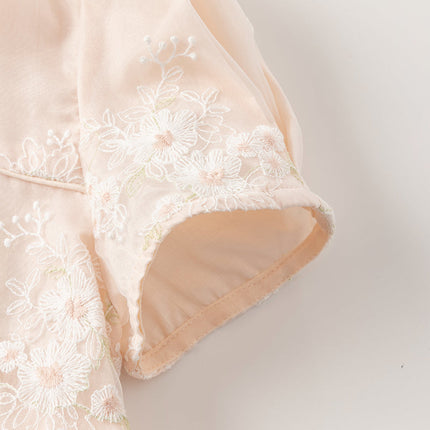 Kids Girls Summer Orange Pink Chinese-style Embroidery Elegant Mesh Dress