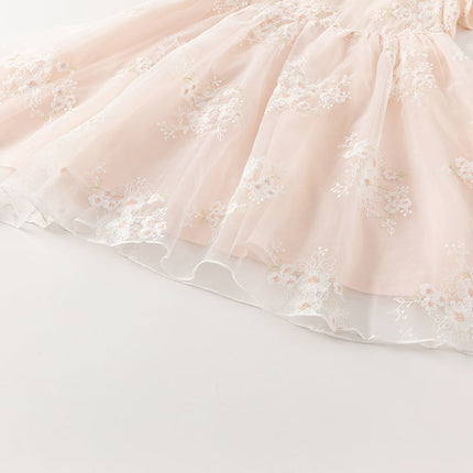 Kids Girls Summer Orange Pink Chinese-style Embroidery Elegant Mesh Dress