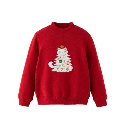 Kids Girls Red Knit Christmas-tree Decorations Turtle Fleece-Lined Sweaters