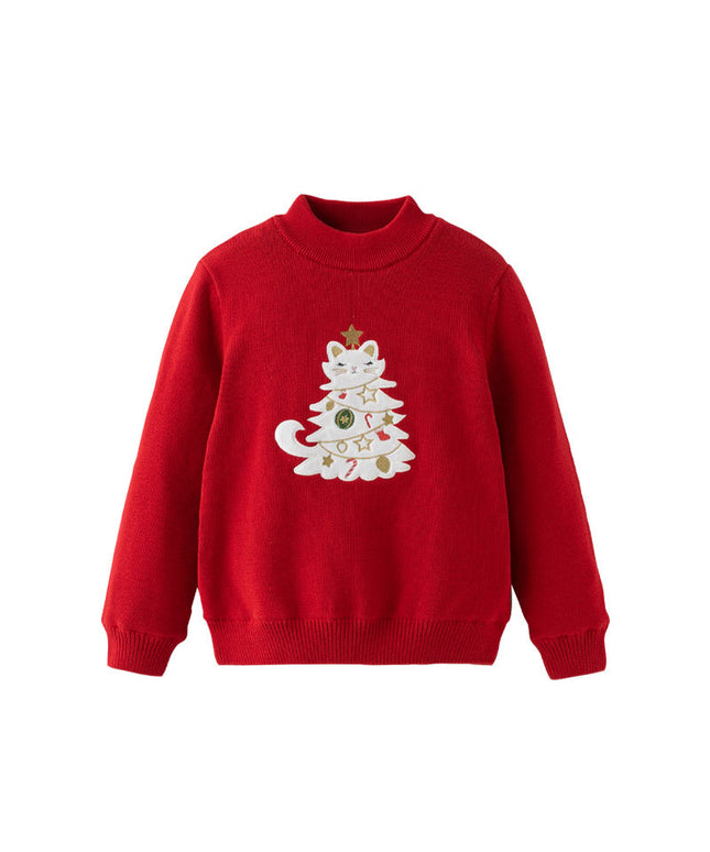 Kids Girls Red Knit Christmas-tree Decorations Turtle Fleece-Lined Sweaters