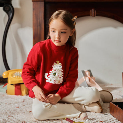 Kids Girls Red Knit Christmas-tree Decorations Turtle Fleece-Lined Sweaters