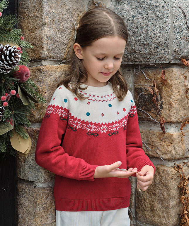Kids Girls Adorable Red Cozy Christmas Knit Pullover Sweaters Tops