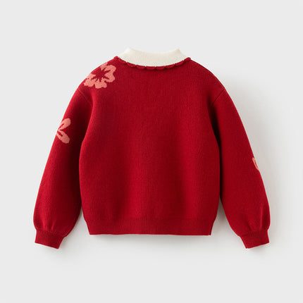 Kids Girls Red Elegant Warm Plush-lined Sweaters Tops