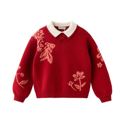 Kids Girls Red Elegant Warm Plush-lined Sweaters Tops