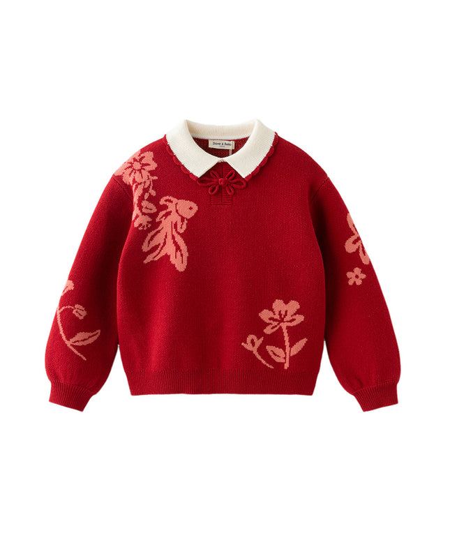 Kids Girls Red Elegant Warm Plush-lined Sweaters Tops