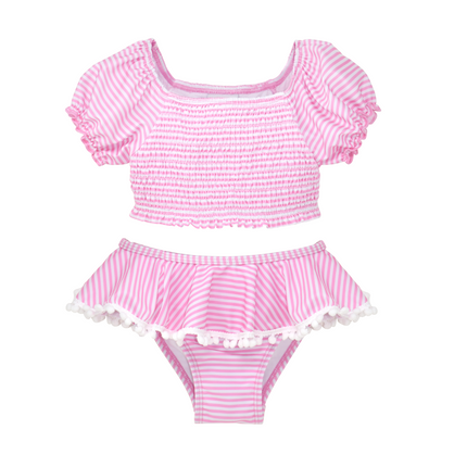 UPF 50+ Gemma Two-Piece Smocked Pom-Pom Swimsuit - Sweet Pink Stripe