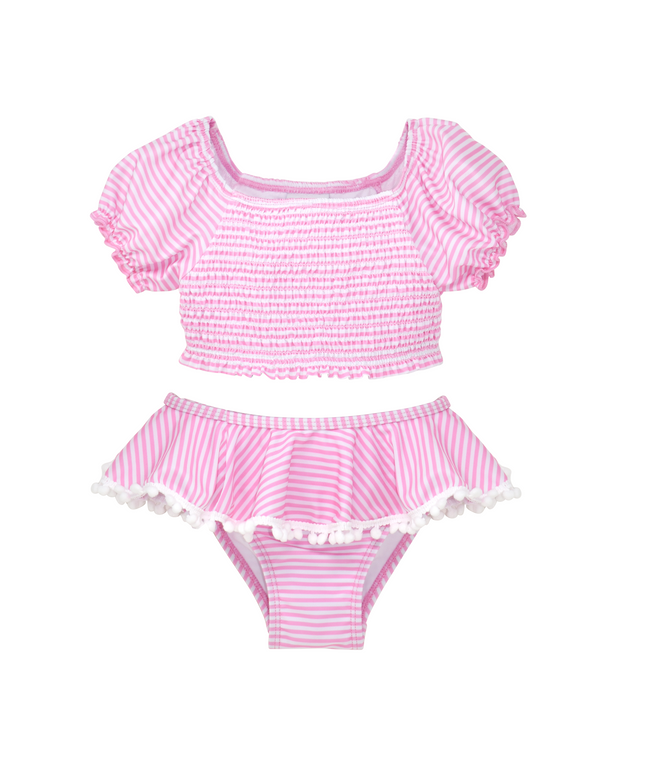 UPF 50+ Gemma Two-Piece Smocked Pom-Pom Swimsuit - Sweet Pink Stripe