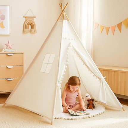 Large Foldable Kids Canvas Teepee Play Tent With Lights  ( White )