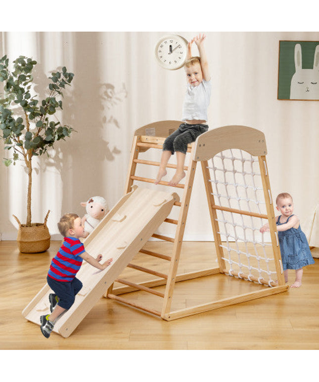6-in-1 Jungle Gym Wooden Indoor Playground With Double-Sided Ramp and Monkey Bars-Natural
