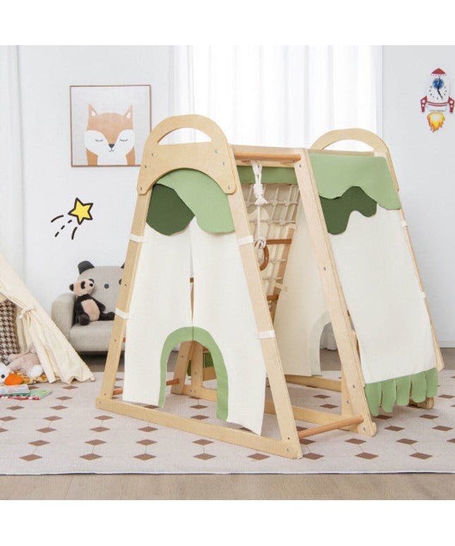 6-in-1 Wooden Kids Jungle Gym Playset With Slide Climbing Net-Natural