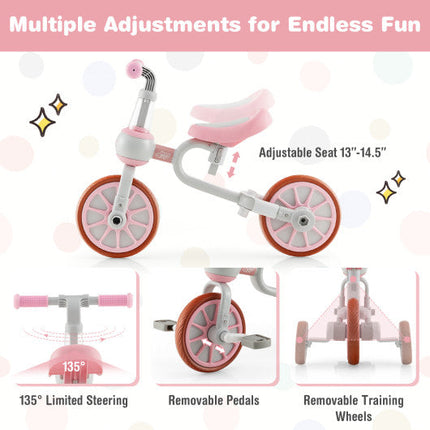 4-in-1 Kids Trike Bike With Adjustable Parent Push Handle and Seat Height-Pink
