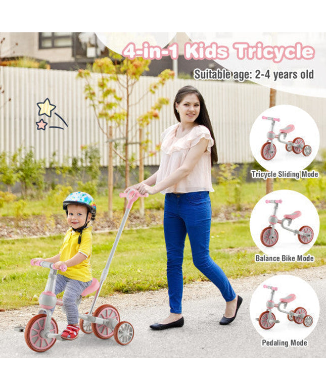 4-in-1 Kids Trike Bike With Adjustable Parent Push Handle and Seat Height-Pink