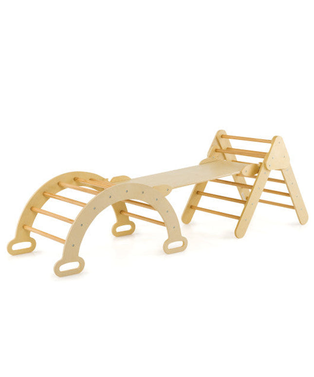 2-in-1 Wooden Kids Climber Toys With Triangle Arch Ramp-Natural