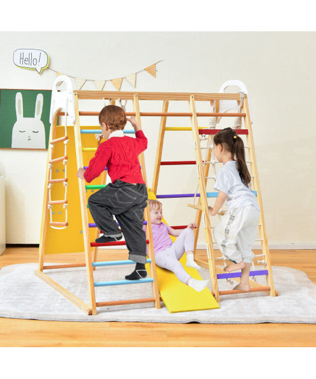 8-in-1 Wooden Jungle Gym Playset With Slide and Monkey Bars-Multicolor