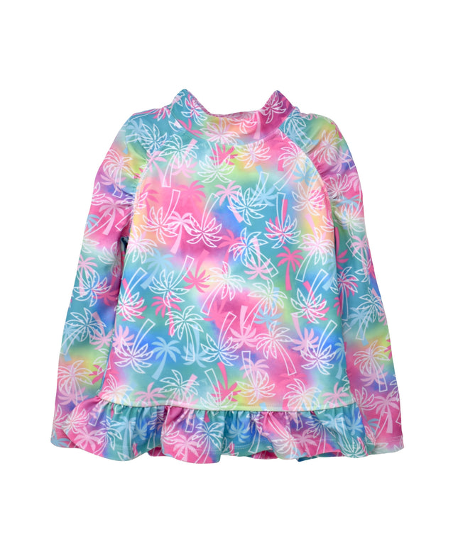UPF 50+ Ruffle Rash Guard | Pink Tropical Palms