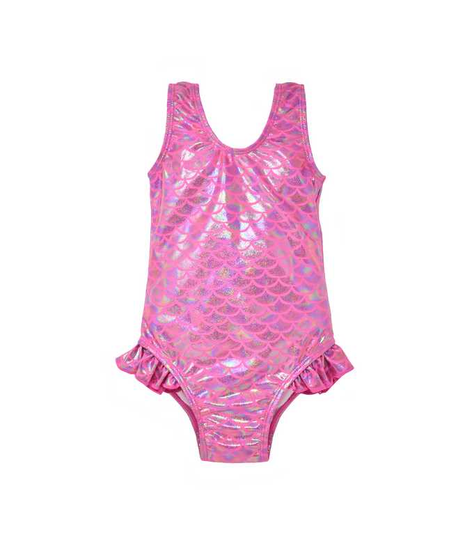UPF 50+ Delaney Hip Ruffle Swimsuit - Shiny Pink Scales