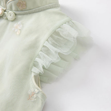 Kids Girls Summer Grey Green Floral Sleeveless A-line Dress(wallet bag)