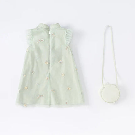 Kids Girls Summer Grey Green Floral Sleeveless A-line Dress(wallet bag)