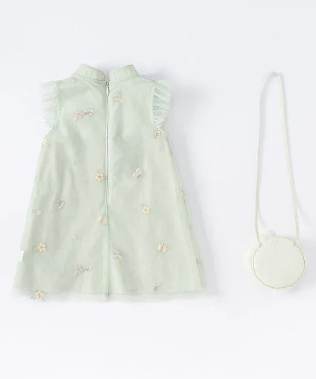 Kids Girls Summer Grey Green Floral Sleeveless A-line Dress(wallet bag)