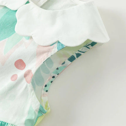 Girls Summer Leaf Print Sleeveless Sweet Dress